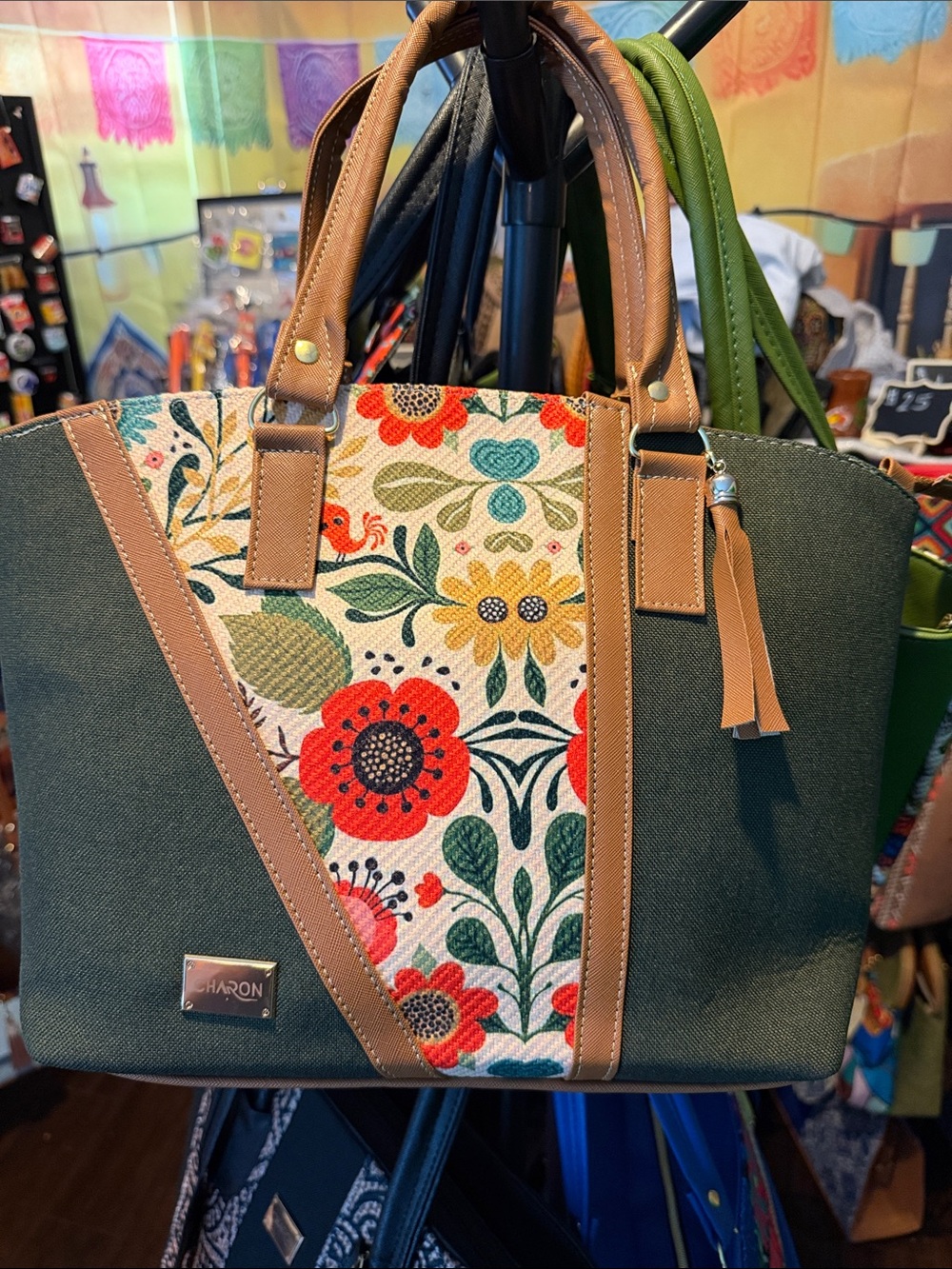 Floral Accent Green Tote Bag with Brown Trim